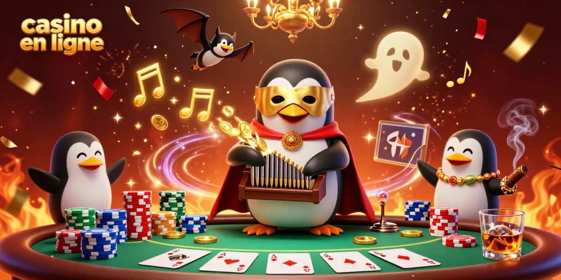 Un pingouin d'opéra et un acrobate au casino en ligne, en pleine action avec des pièces d'or.