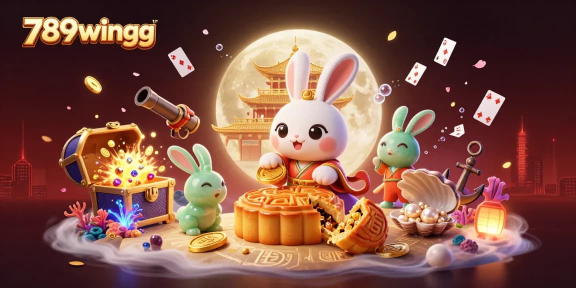 Experience 789wingg's vibrant casino adventure with the moon rabbit and poker chip treasures.
