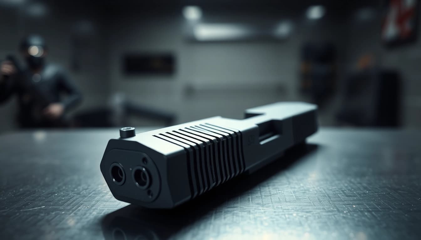 Inspect the glock 17 slide's detailed craftsmanship and design in a sleek setting.