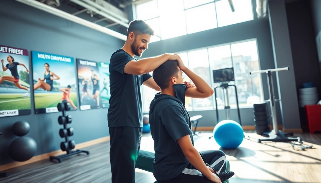 Engaging athletic chiropractic St. Albert session with a chiropractor assisting a young athlete.