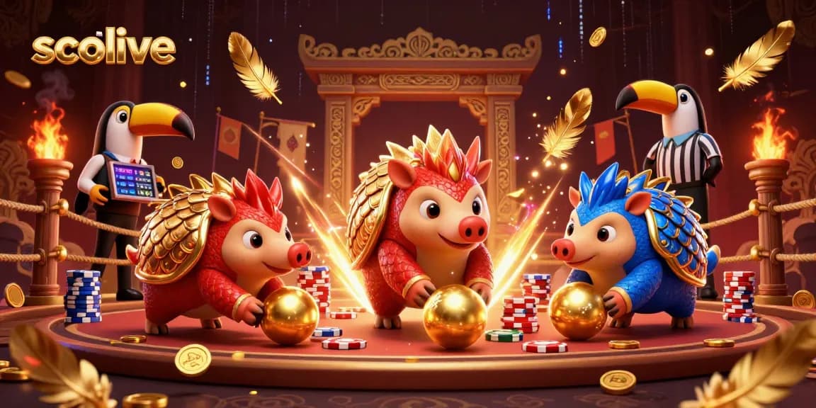 Socolive features a lively scene with rival pangolins rolling into golden balls amidst poker chips, showcasing dynamic gambling atmosphere.