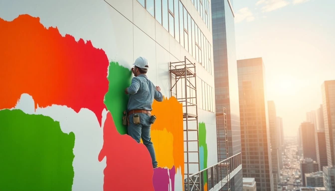 Experienced commercial paint contractor applying fresh paint on a large office building facade.