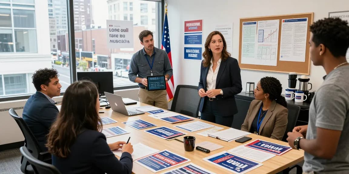 Team discussing Casey Askar's campaign strategy in a bright office environment.