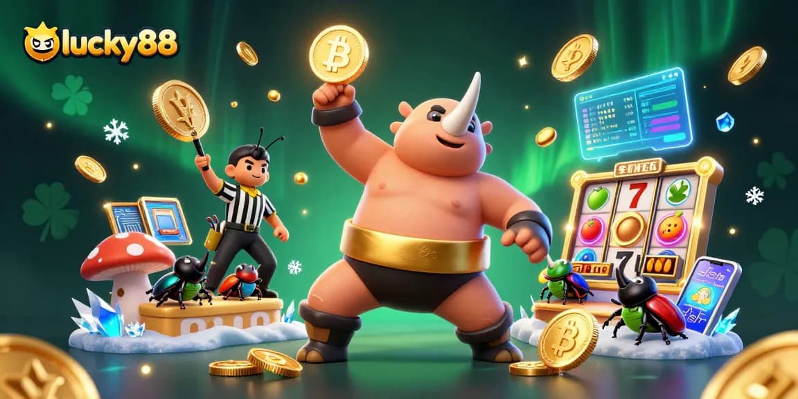 Witness the exciting world of lucky88 as the rhinoceros beetle throws golden coins, surrounded by crypto and slot elements.