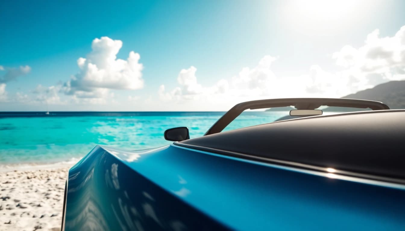 Enjoying car rental st barth with a scenic view of a convertible at the beach.