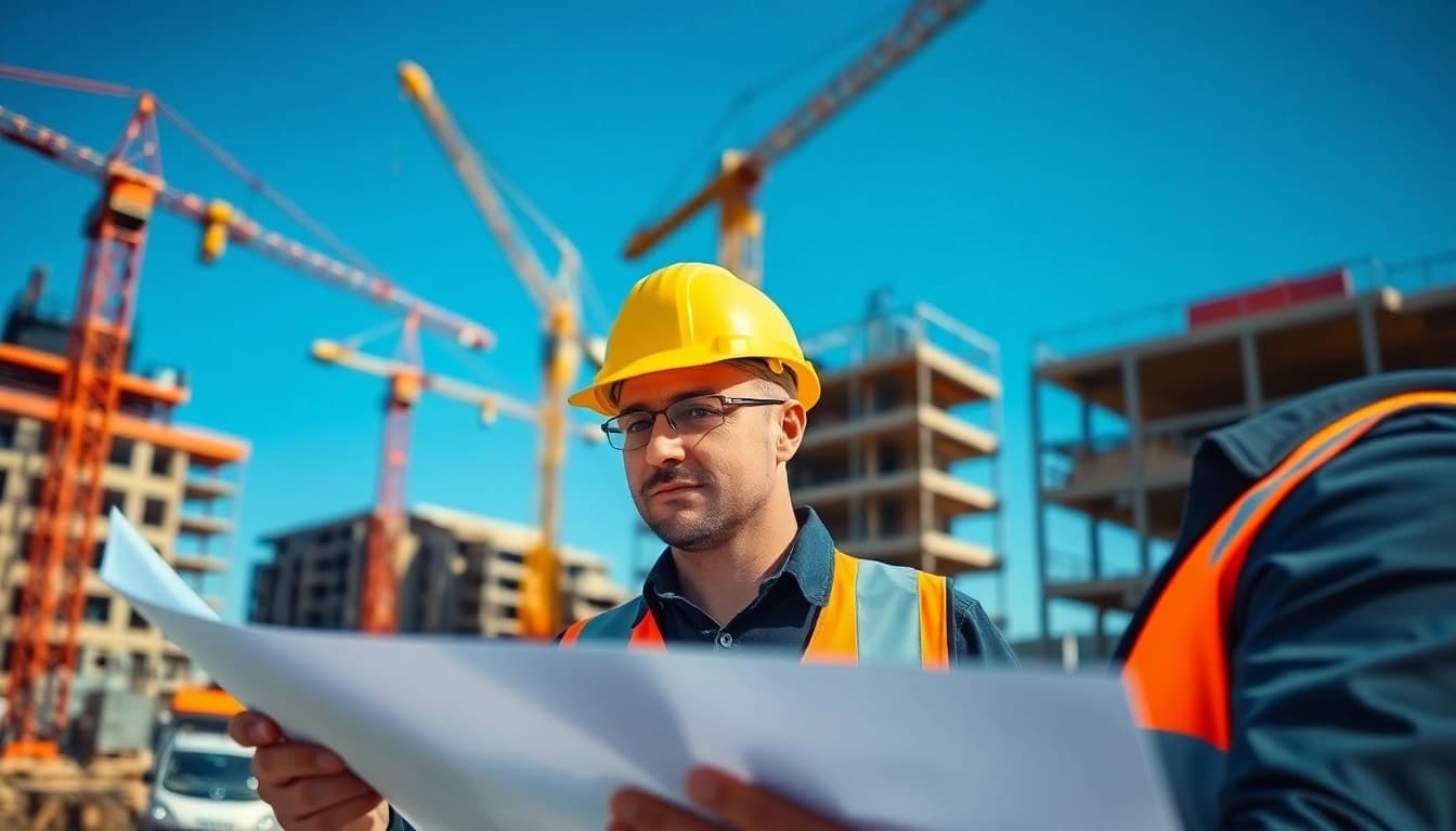 Focused New Jersey Construction Manager reviewing blueprints on a construction site surrounded by workers.