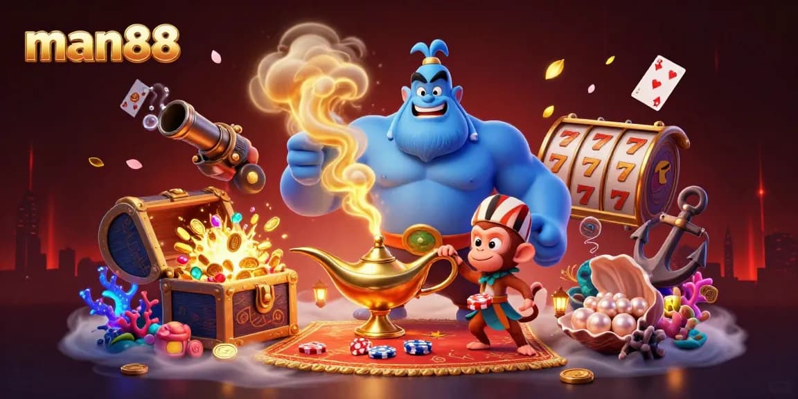 Experience thrilling action at man88 with a vibrant casino scene featuring a genie, monkey, and poker chips.