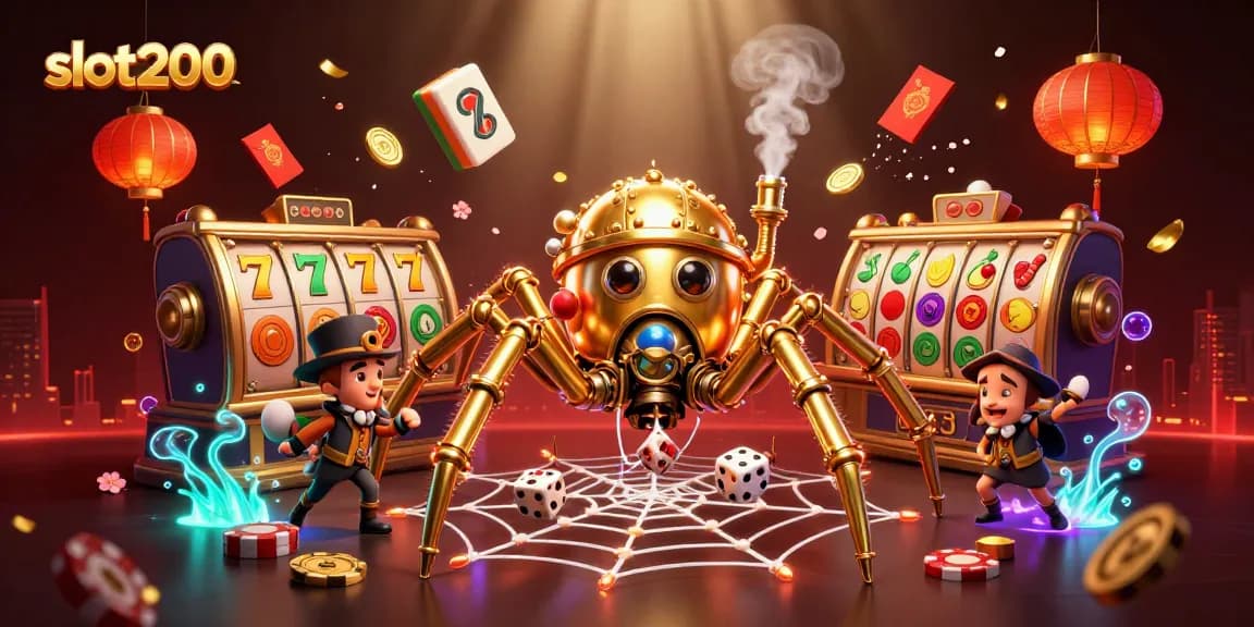 Experience thrilling gameplay with slot200 as steampunk characters weave luck in a vibrant casino scene