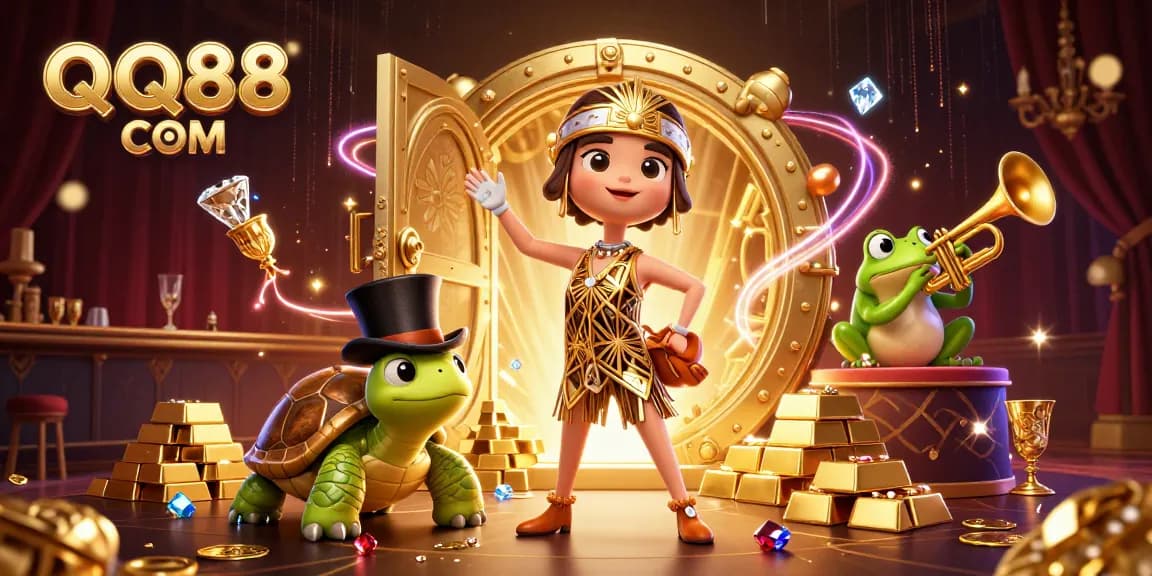 Engage with QQ88 COM in a vibrant 3D casino scene filled with treasures and exciting gaming elements.