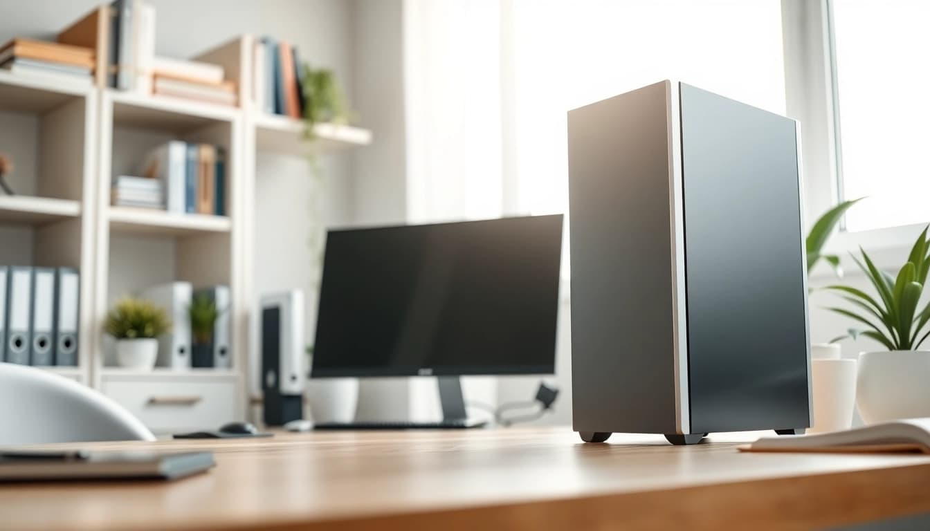 Ενεργός refurbished pc σε μοντέρνο γραφείο με καθαρό σχεδιασμό και φυσικό φως.