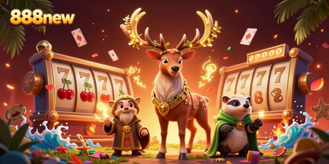 Experience thrilling moments with 888new as a druid stag and badger celebrate jackpot wins.