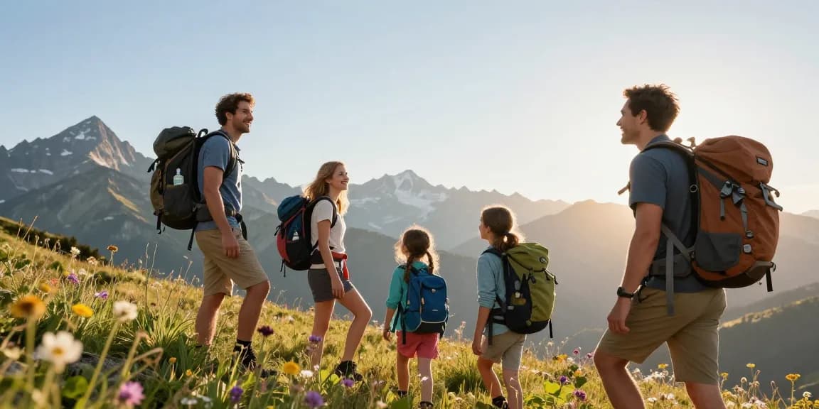 Family adventure at thatmountainlife.com with stunning mountain views during sunrise, showcasing joy and exploration.