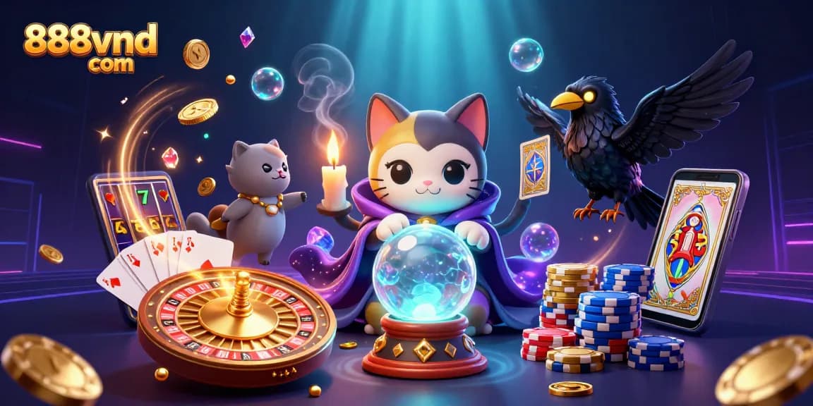Experience thrilling wins at 888vnd com with vibrant casino-themed artwork featuring mystical characters.