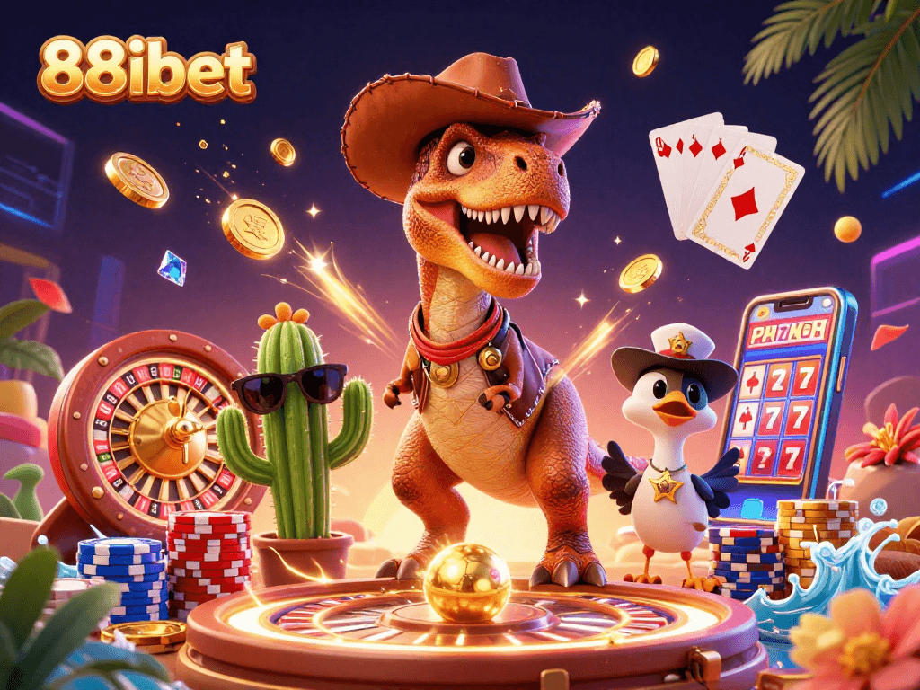 Experience excitement with 88ibet's vibrant casino scene featuring a T-Rex, coins, and a roulette wheel.