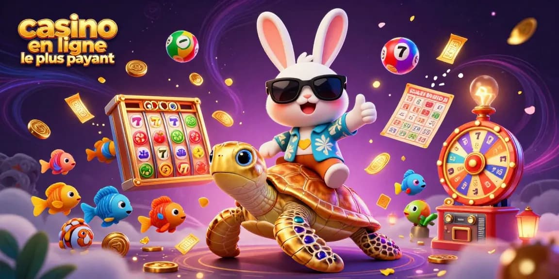 Visuels captivants du casino en ligne le plus payant avec un lapin chanceux et une tortue dorée.