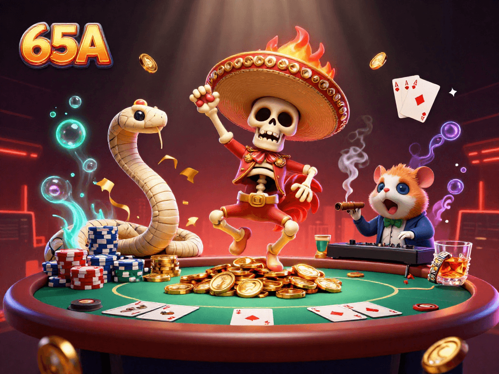 O 65A ganha vida com um esqueleto mariachi dançando entre fichas de poker e moedas de ouro.