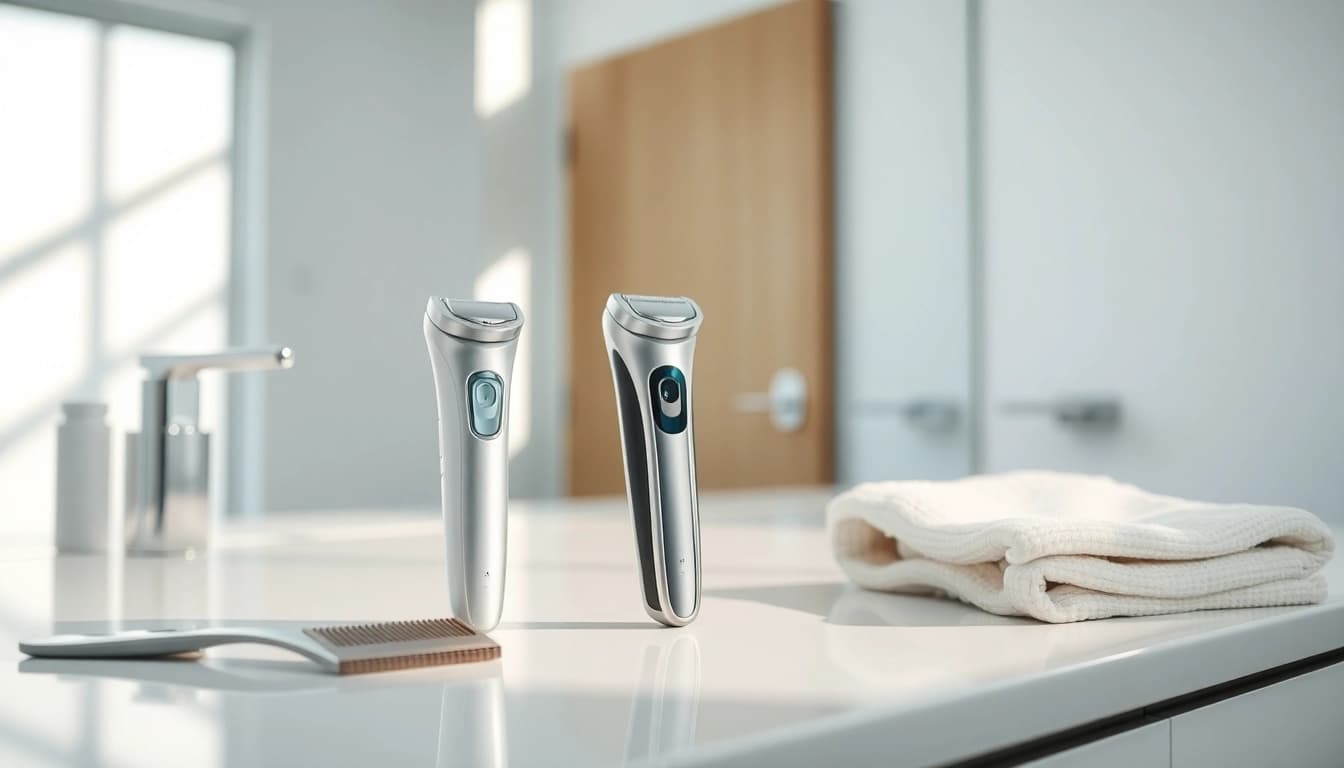 Using a one blade electric shaver on a soft-lit bathroom counter for a sleek grooming experience.