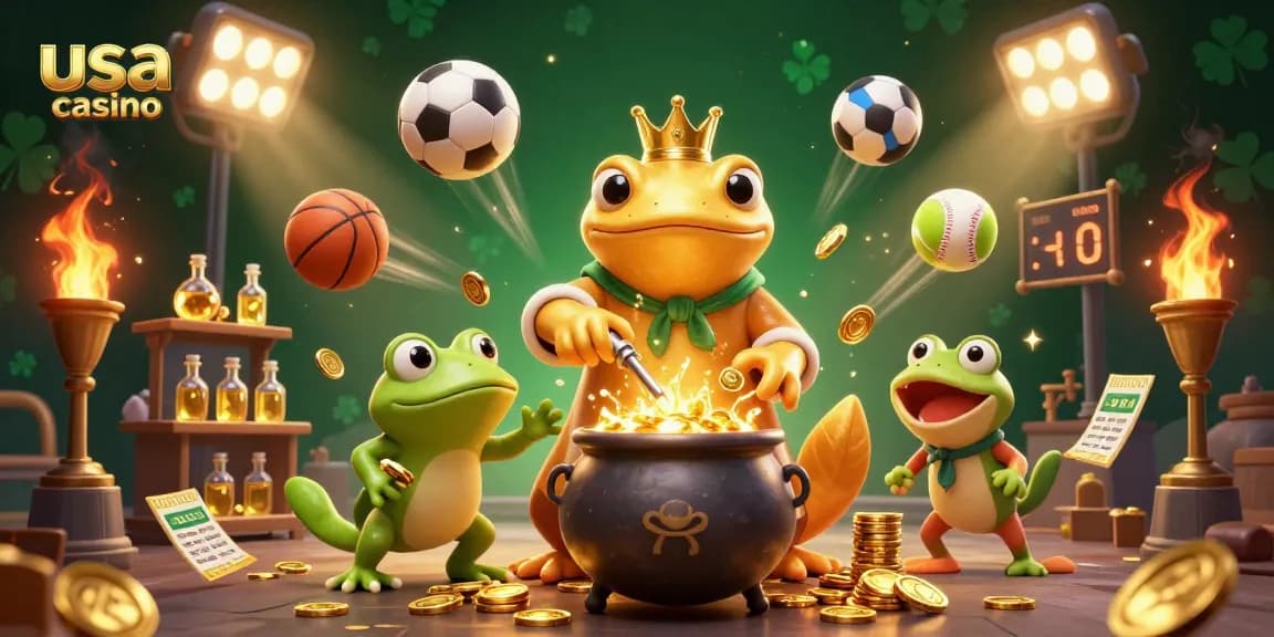Experience the excitement of usa casino gameplay with a giant salamander alchemist creating gold coins in a vibrant 3D scene.