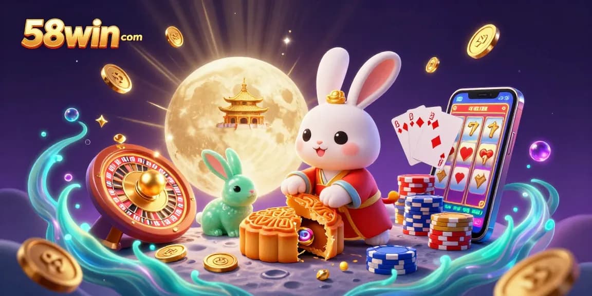 Experience 58win com with 3D illustrated characters and vibrant casino elements in a magical setting.
