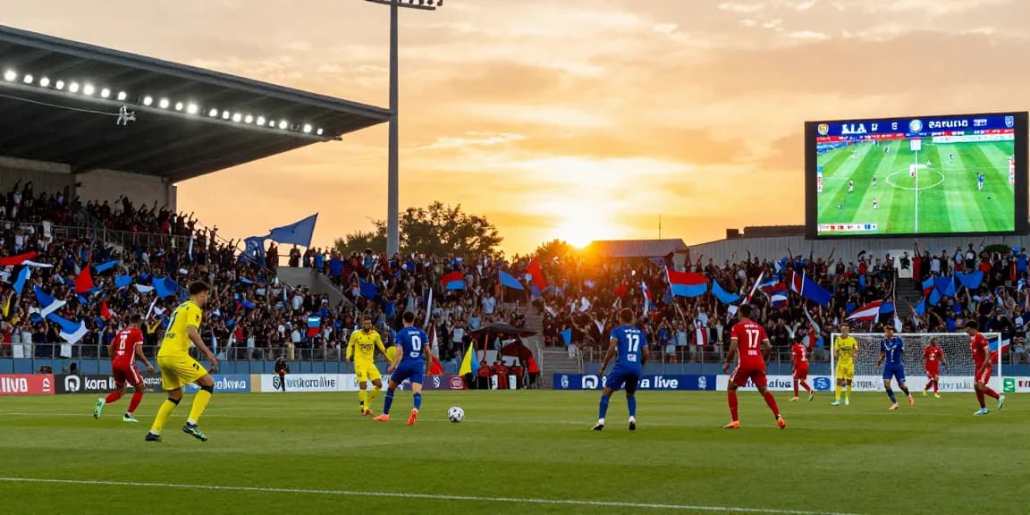Exciting moment of kora live football match with players in action and enthusiastic fans.