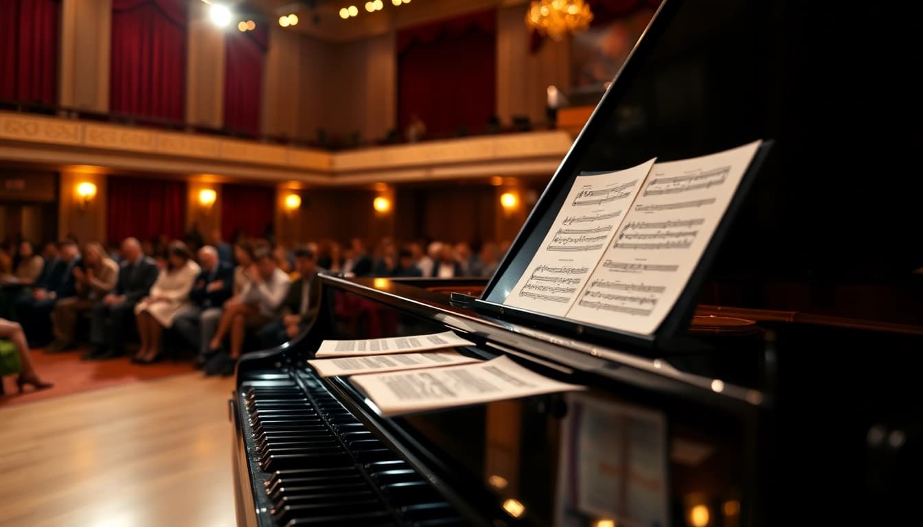 Experiența muzica clasica într-o sală de concert elegantă cu un pian strălucitor.
