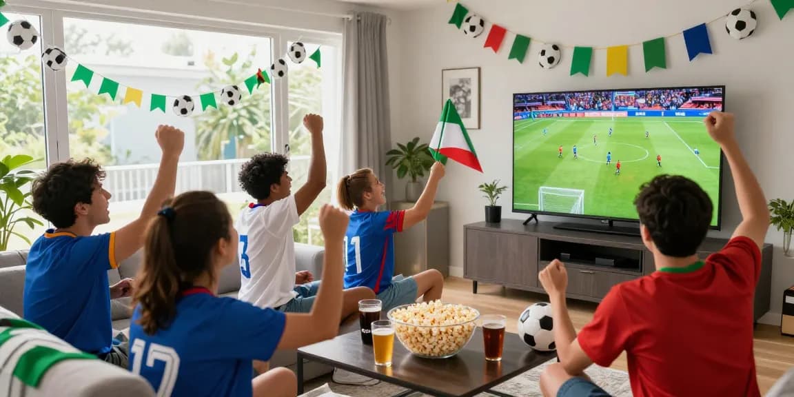 Suasana penuh semangat di pesta nonton live streaming Piala Dunia FIFA 2026 TATA4D RESMI dengan penggemar bersorak.