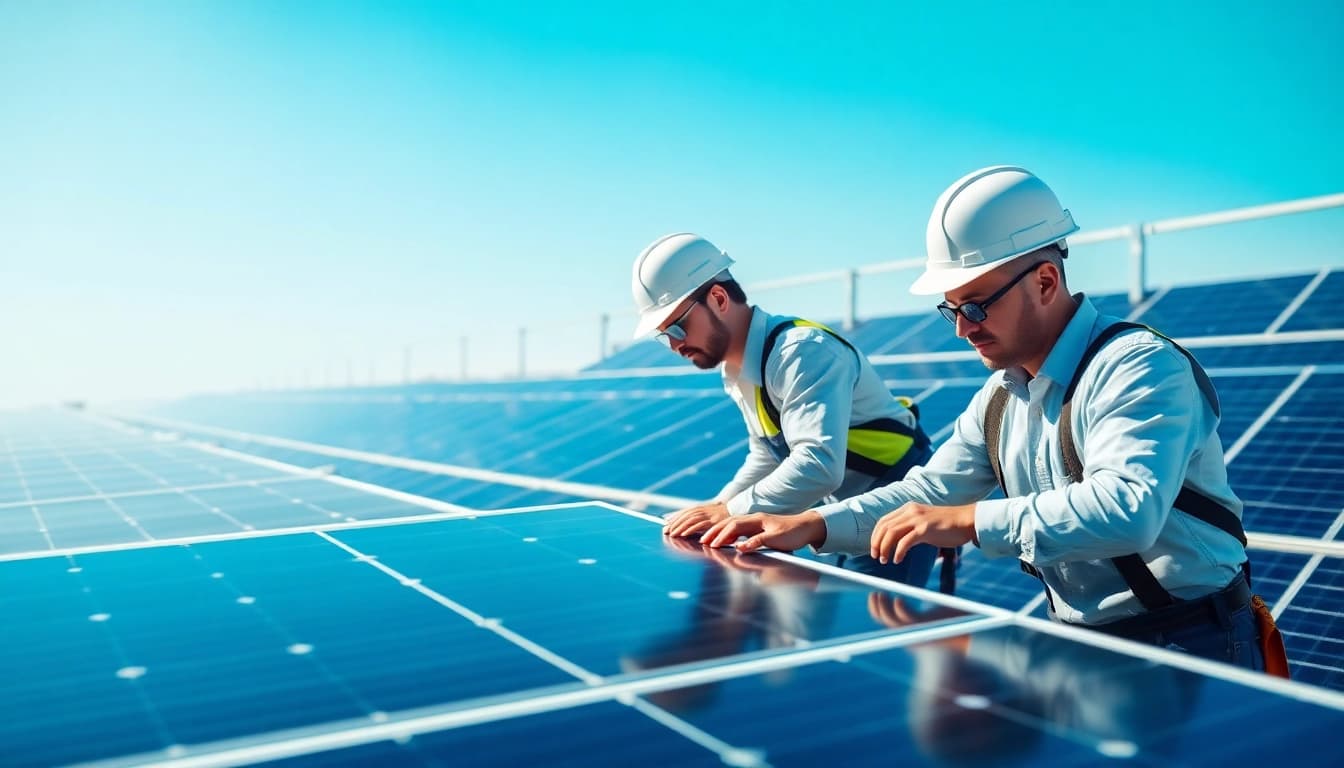 Technicians conducting commercial solar maintenance New Jersey with solar panels in a bright setting.