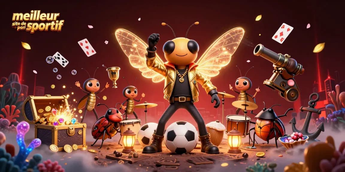 Meilleur site de pari sportif avec un insecte rock star et un batteur, ajoutant une ambiance de jeu.
