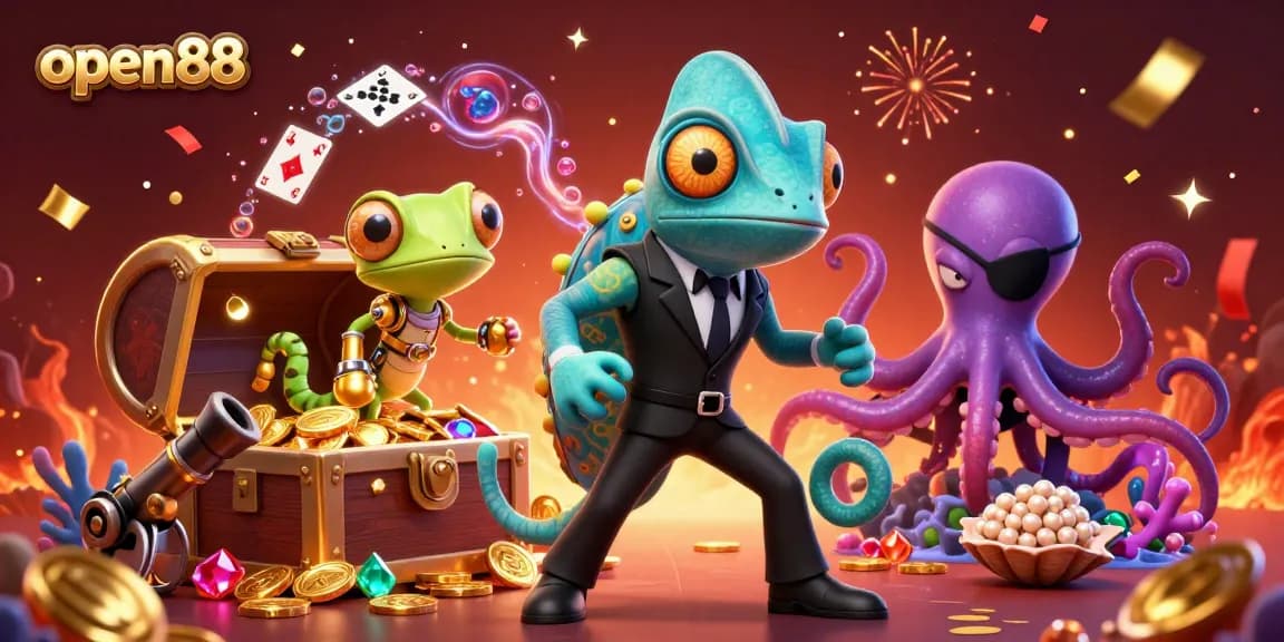 Experience thrilling underwater treasure adventures with open88's captivating 3D illustration of vibrant casino-themed characters.