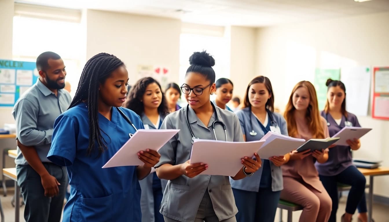 Engaged nursing students in an in person Nclex review in Houston session, collaborating and studying together.