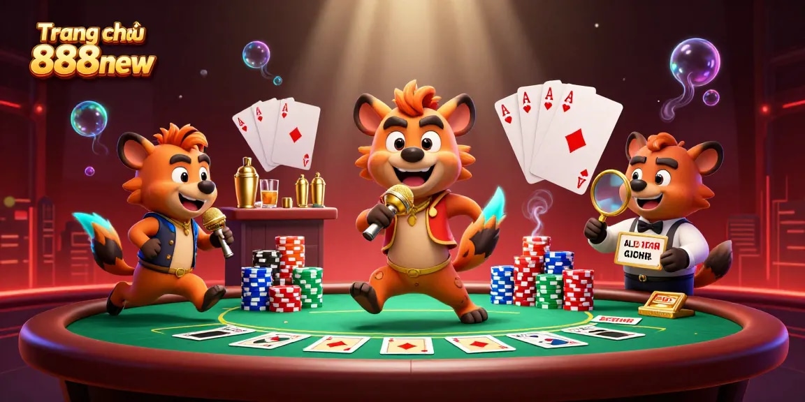 Engage with the excitement of Trang chủ 888new's vibrant casino scene featuring hyenas in a comedy club setting.