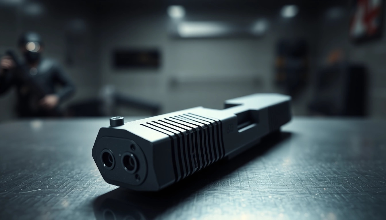 Inspect the glock 17 slide's detailed craftsmanship and design in a sleek setting.