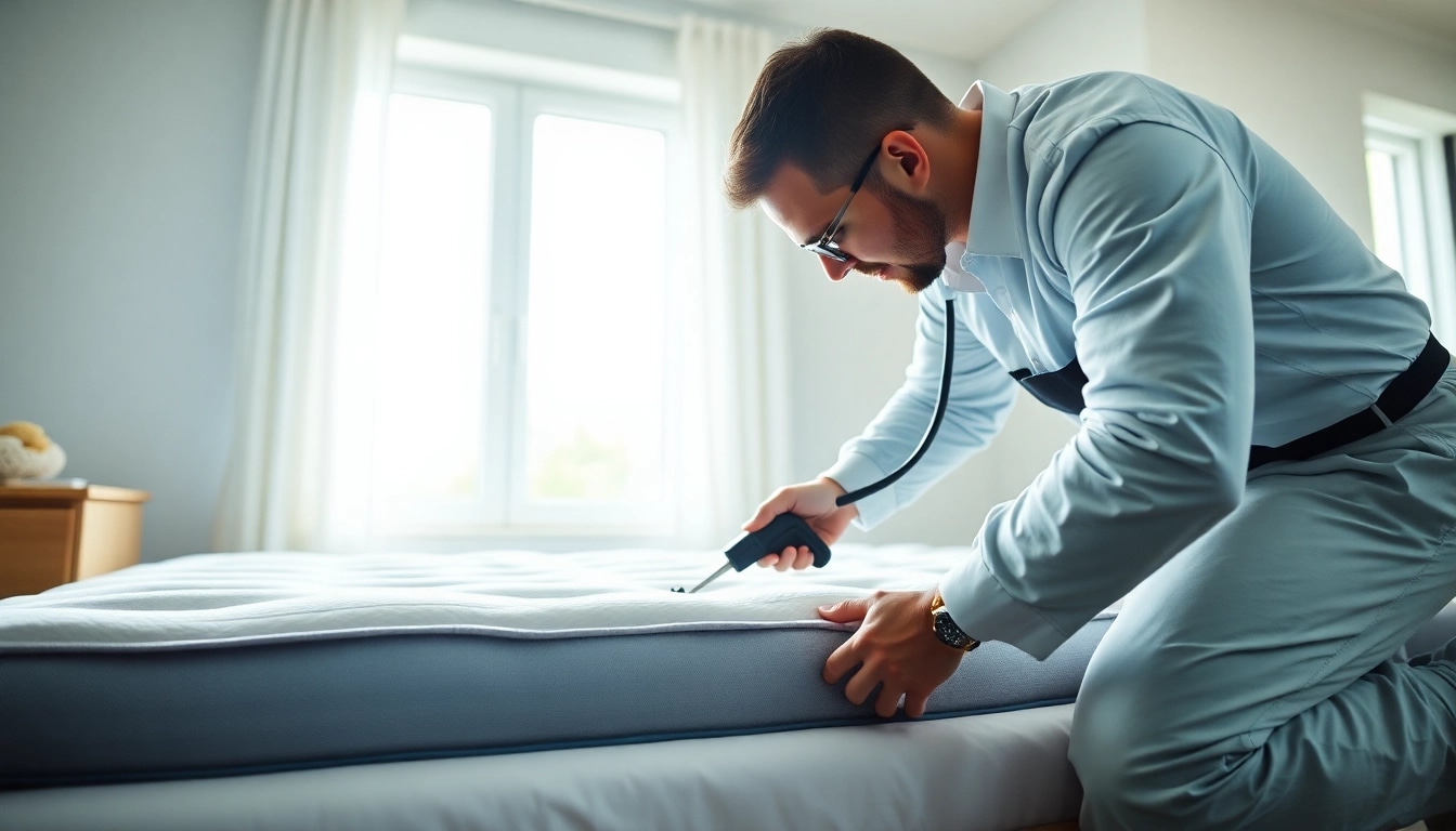Bed bug exterminators inspect a mattress demonstrating professional pest control services.