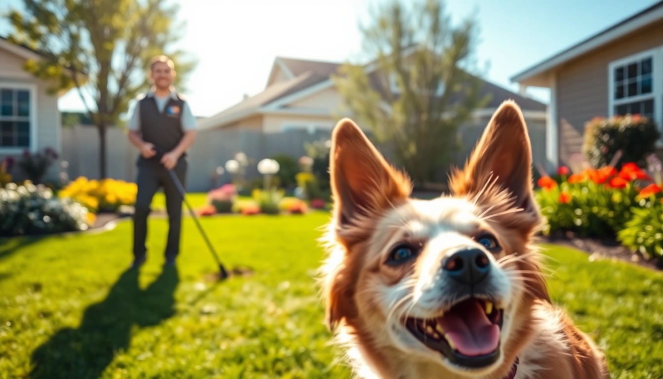 Engaging dog poop cleanup service in action with a happy pet and clean yard.