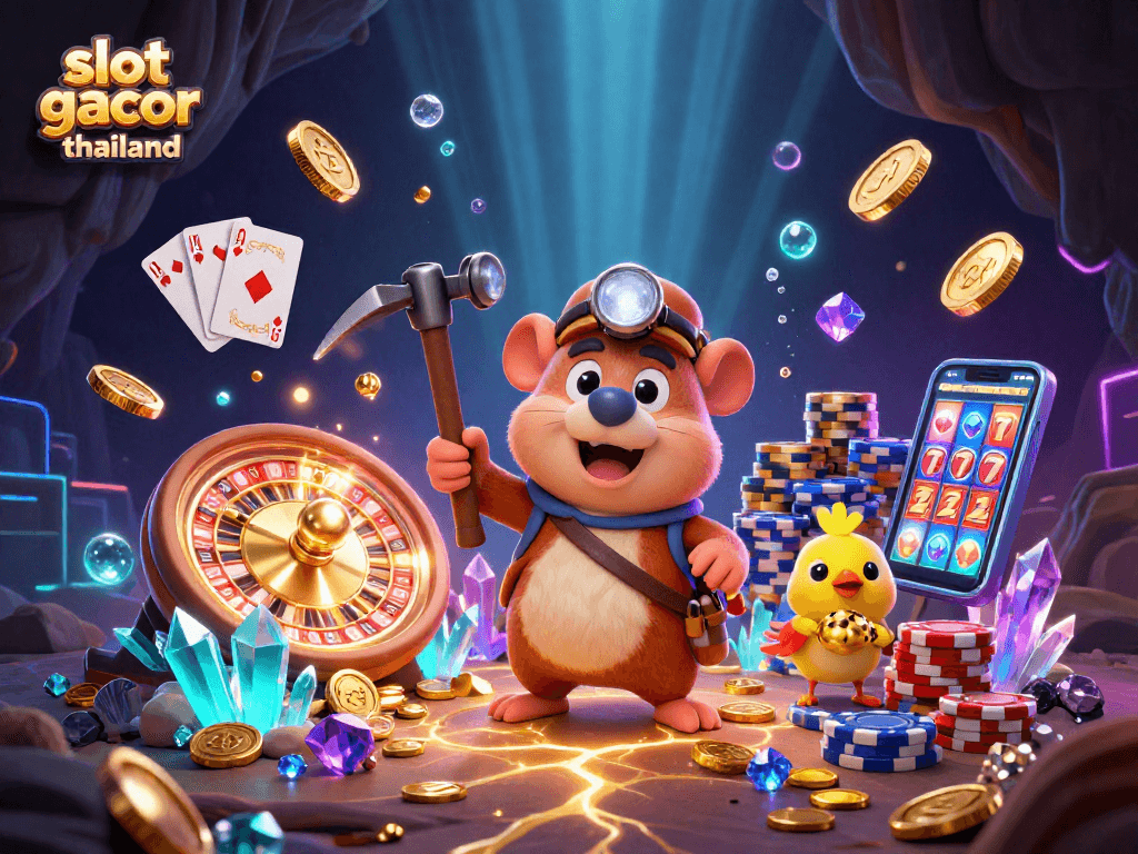 Engage with slot gacor thailand treasures through a vibrant 3D scene of mining, riches, and casino excitement.