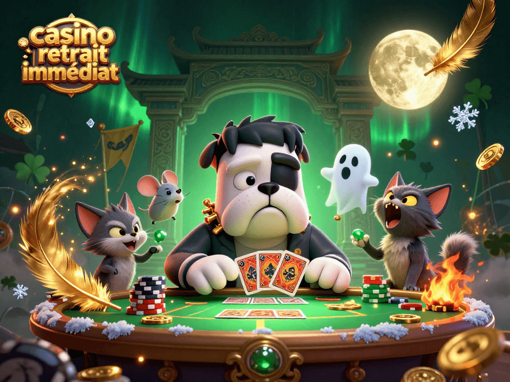 Jeu palpitant au casino retrait immédiat avec un bulldog Frankenstein distribuant des cartes.