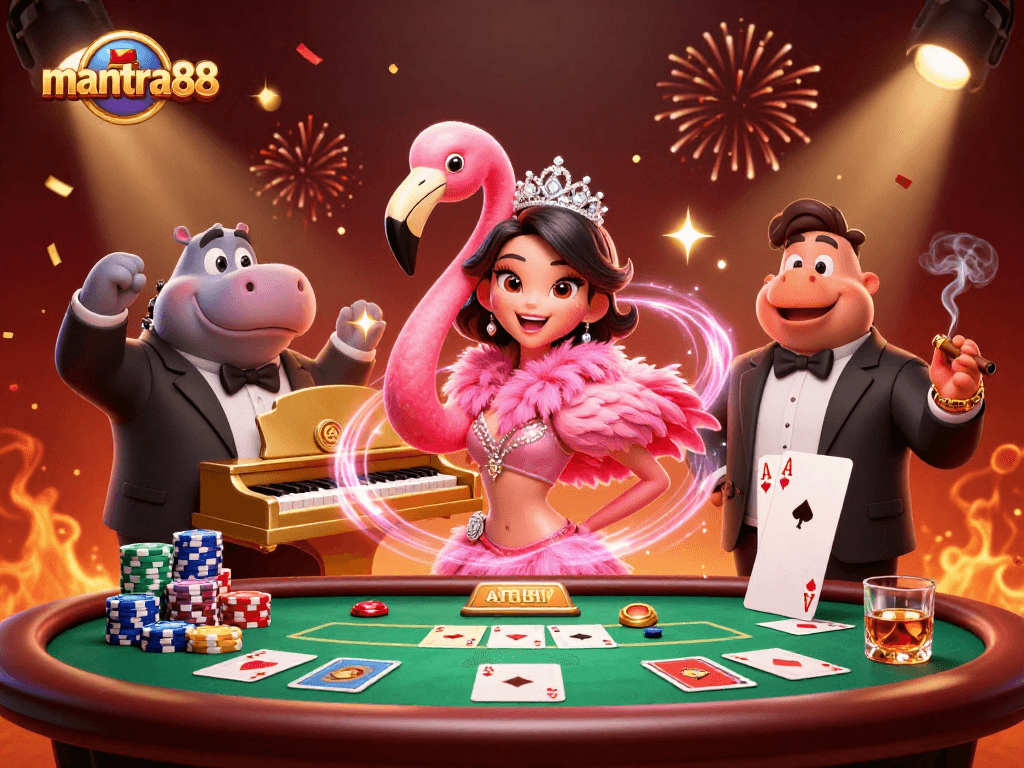 Experience the excitement of mantra88 with vibrant slot and card scenes, bursting with action.