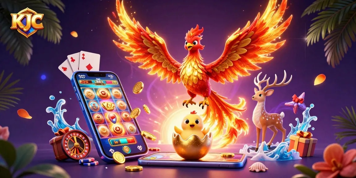 KJC promotes a vibrant casino experience with a phoenix and baby phoenix amidst gaming elements.