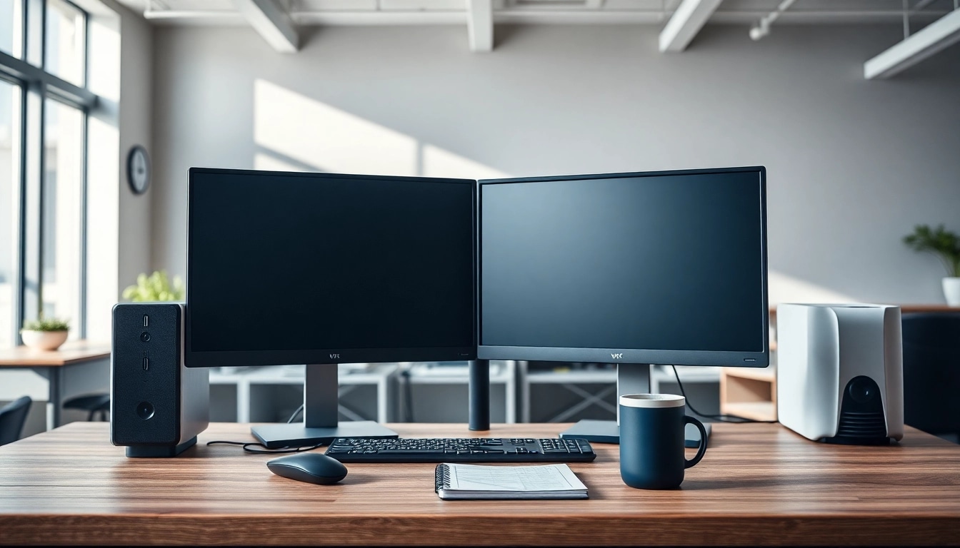 Ανακαινισμένος υπολογιστής PC σε επαγγελματικό περιβάλλον γραφείου με μοντέρνα αξεσουάρ.