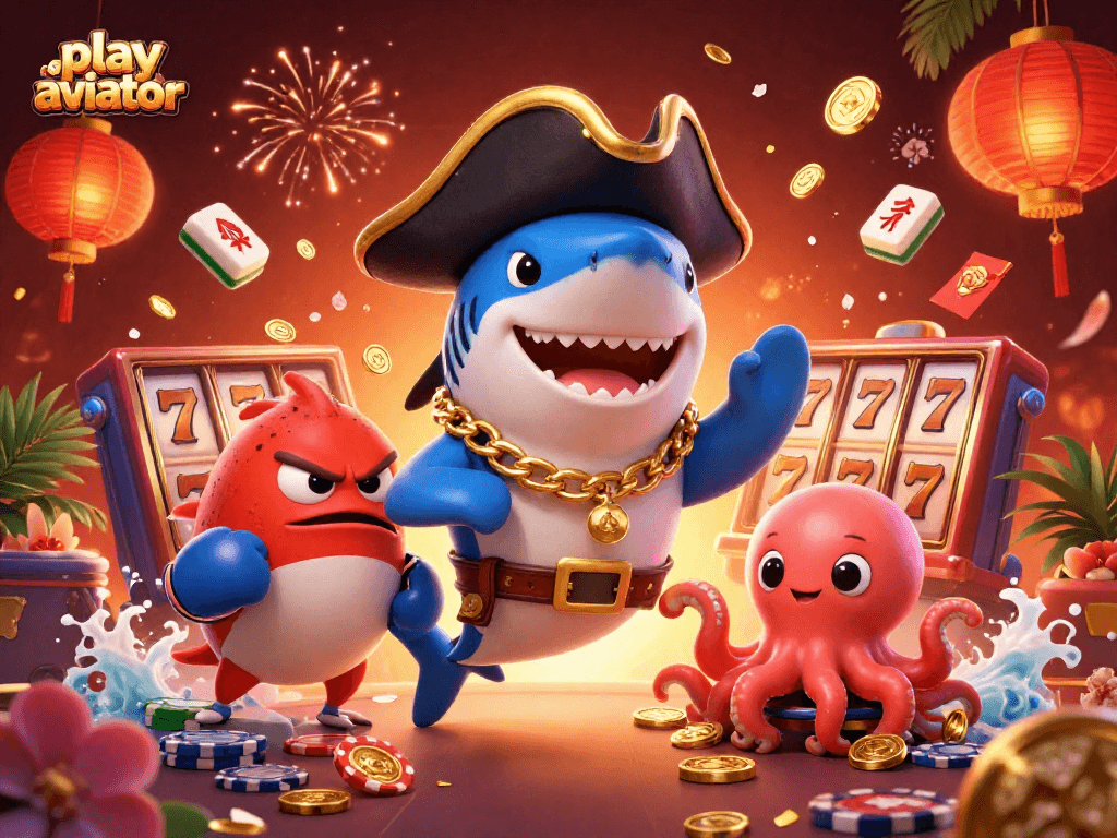 Play Aviator with excitement in this vivid casino scene featuring a pirate shark, pufferfish, and octopus.