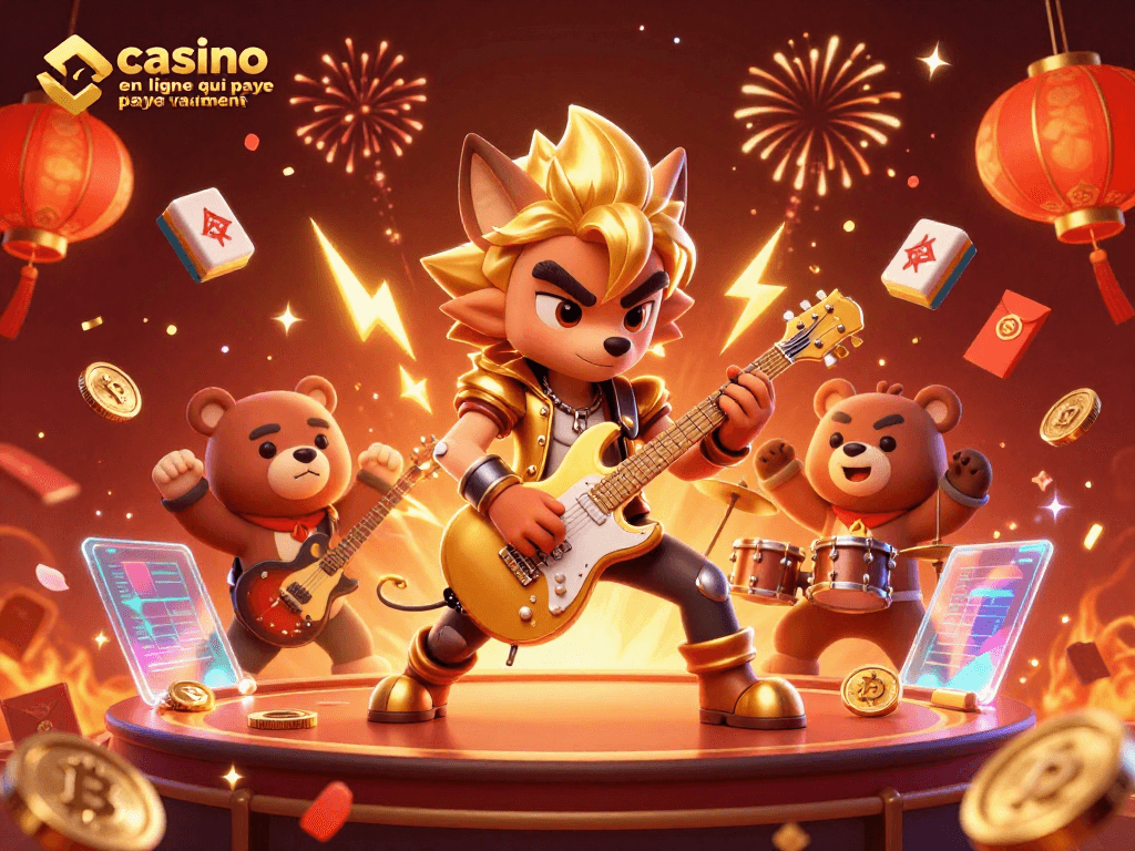 Visualisez un casino en ligne qui paye vraiment avec des personnages animés jouant et célébrant autour de symboles de gains.