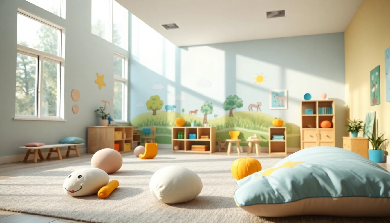 Children receiving autism help in a cozy therapy room filled with sensory tools and soft toys.
