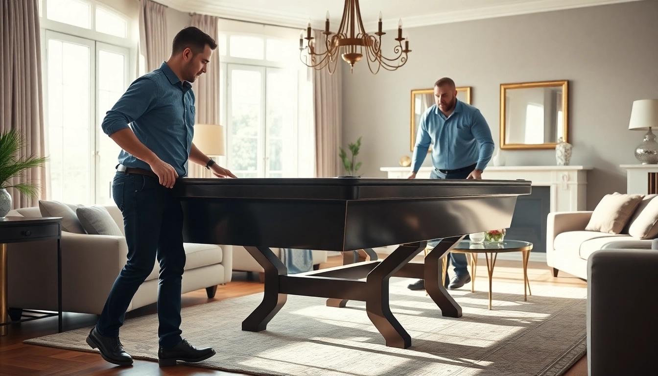 Pool table mover skillfully handling a heavy pool table in a beautifully arranged living room.