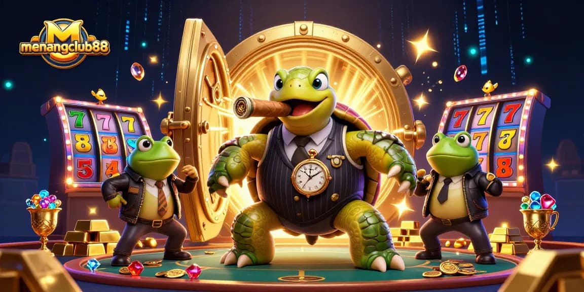 Experience the thrill of menangclub88 with a lively casino illustration featuring a turtle mobster and gold treasures.