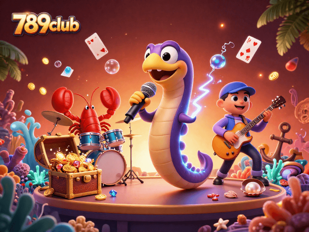Experience thrilling gameplay at 789club with vibrant underwater casino illustration featuring cartoon characters.