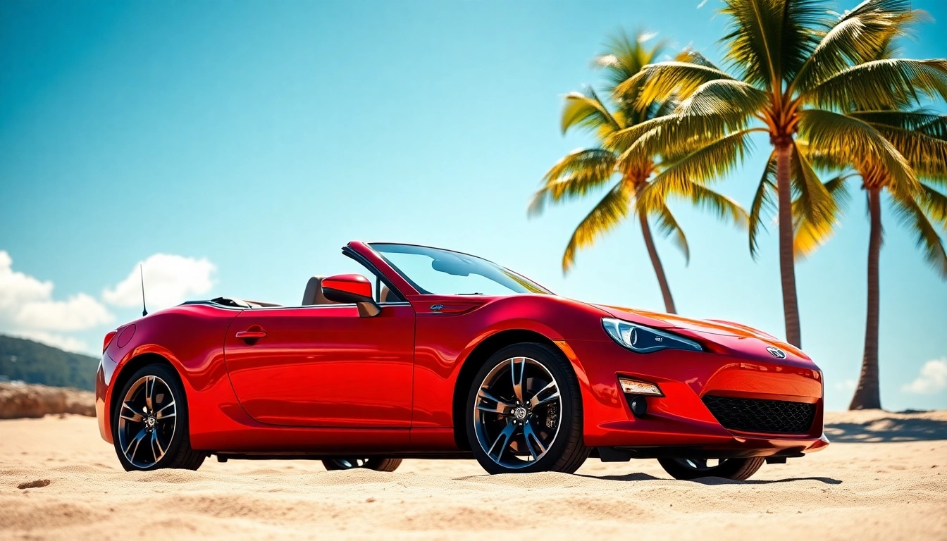 Experience the best st barth car rental with a stunning red convertible against a beautiful beach backdrop.