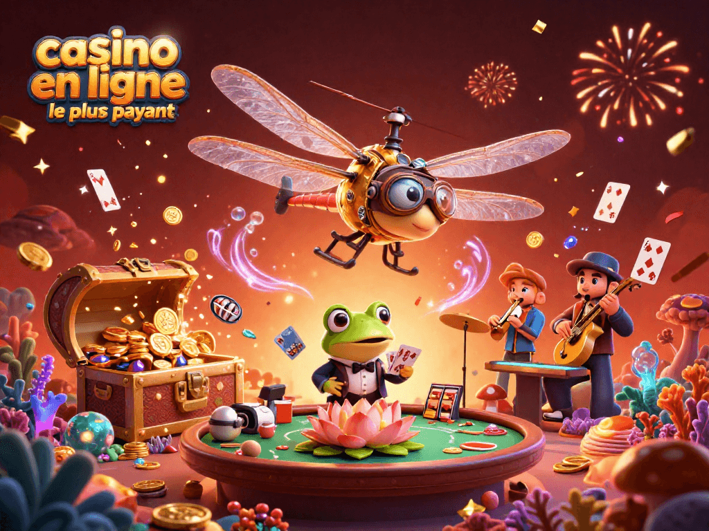 Jouer au casino en ligne le plus payant avec des personnages animés vibrants, des jeux de cartes, et des pièces d'or dispersées.