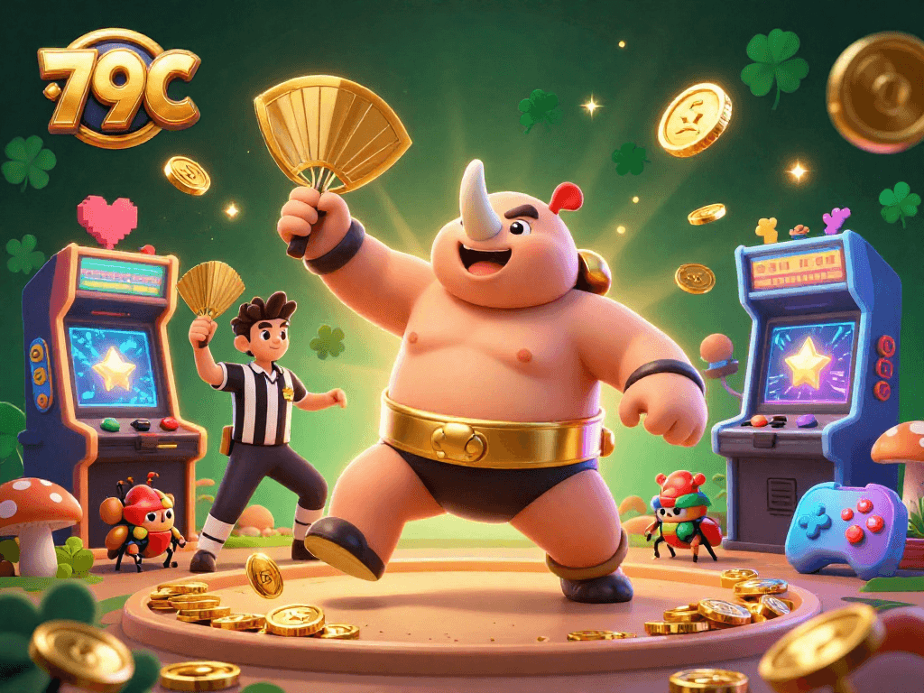 Ação emocionante de 79C em um torneio, com um besouro rinoceronte campeão e moedas de ouro voando.