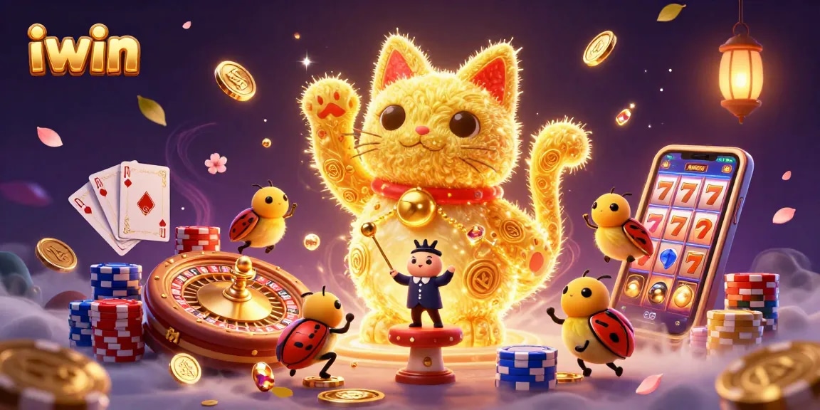 Engage with iwin's vibrant casino atmosphere featuring a lucky cat made of fireflies.