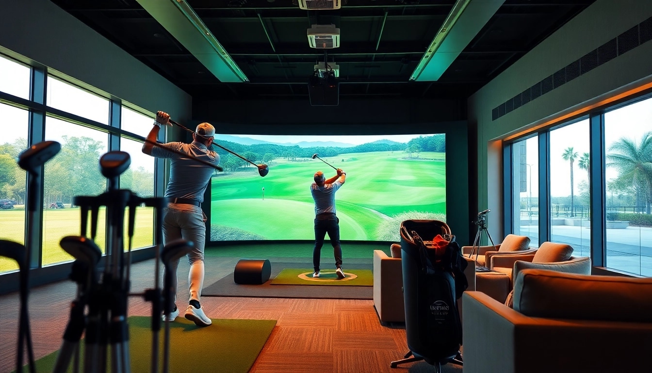 A golfer using a simulator in a modern indoor setting with a vibrant screen, demonstrating technique.